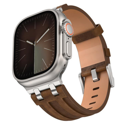 Crazy Horse Vegan Leather Stainless Steel Silver Buckle Watch Band, For Apple Watch 46mm / 49mm / 45mm / 44mm - DealBuddy