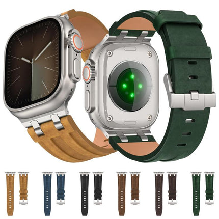 Crazy Horse Vegan Leather Stainless Steel Silver Buckle Watch Band, For Apple Watch 46mm / 49mm / 45mm / 44mm - DealBuddy