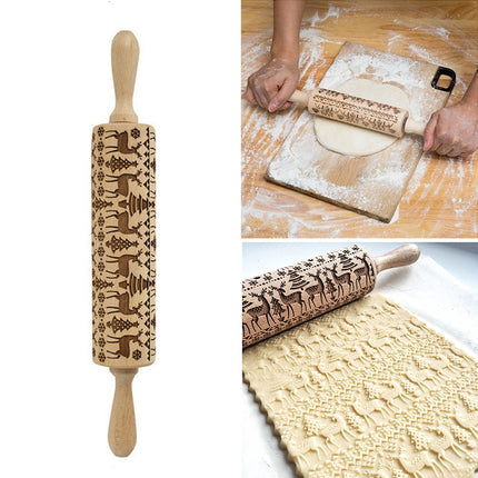 Christmas Embossing Rolling Pin Baking Cookies Fondant Cake Dough Engraved Roller