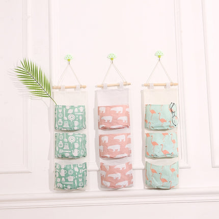 Cotton Linen Hanging Storage Bag 3 Pockets Wall Mounted Wardrobe Hang Bag Wall Pouch Cosmetic Toys Organizer