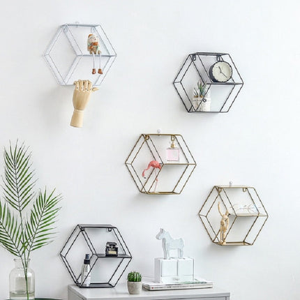 Hanging Wrought Iron Hexagonal Grid Wall Shelf Home Decoration