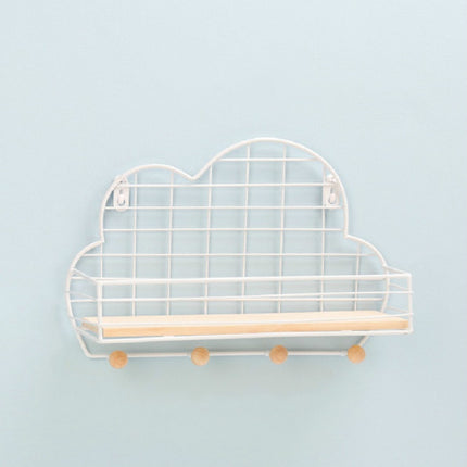 Wrought Iron Grid Cloud Shaped Wall Mounted Shelf Wood Board Home Decoration Hook Rack
