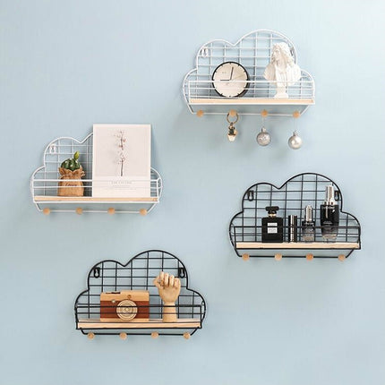 Wrought Iron Grid Cloud Shaped Wall Mounted Shelf Wood Board Home Decoration Hook Rack