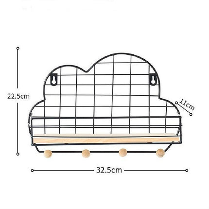 Wrought Iron Grid Cloud Shaped Wall Mounted Shelf Wood Board Home Decoration Hook Rack
