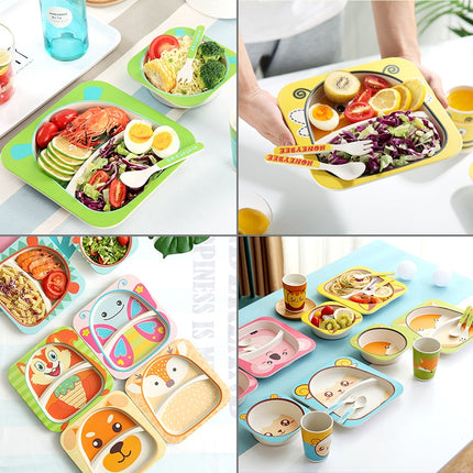 Baby Dish Tableware Set Cartoon Fork Feeding Dishes for Kids Utensils Natural Bamboo Fiber Bowl With Cup Spoon Plate
