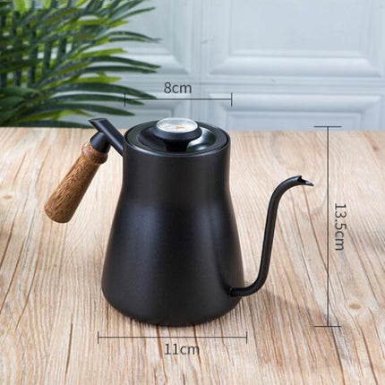 304 Stainless Steel Coffee Hand Pot Wooden Handle Coffee Pot Teflon Long-Mouth Slender Pot, Without Thermometer, With Thermometer - DealBuddy