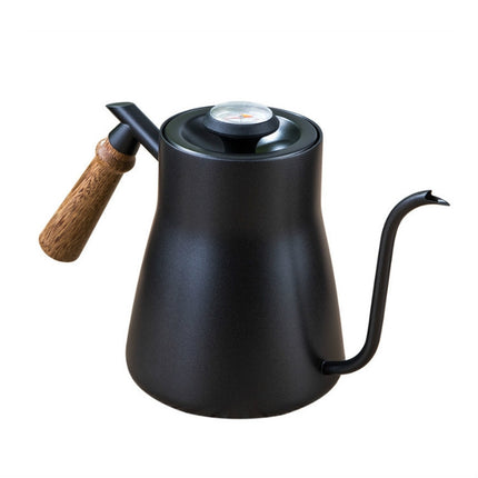 304 Stainless Steel Coffee Hand Pot Wooden Handle Coffee Pot Teflon Long-Mouth Slender Pot, Without Thermometer, With Thermometer - DealBuddy