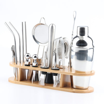 18 in 1 Stainless Steel Cocktail Shaker Set, Oval Bamboo Base, Bar Tool Set, 350ml, 550ml, 750ml - DealBuddy
