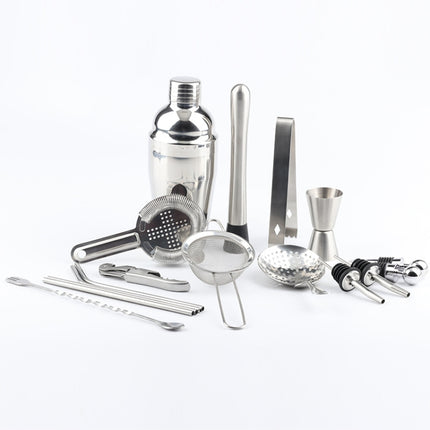 18 in 1 Stainless Steel Cocktail Shaker Set, Oval Bamboo Base, Bar Tool Set