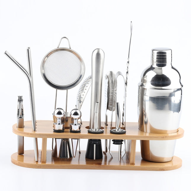 18 in 1 Stainless Steel Cocktail Shaker Set, Oval Bamboo Base, Bar Tool Set, 350ml, 550ml, 750ml - DealBuddy