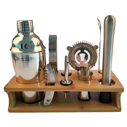10 in 1 Stainless Steel Shaker Bamboo Stand Set Oblique Mouth Bar Cocktail Bartending Tool