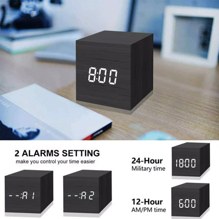 Multicolor Sounds Control Wooden Clock Modern Digital LED Desk Alarm Clock Thermometer Timer, Black White, Black Red, Black Blue, Black Green, White Red, White Blue, White Green, Wooden White - DealBuddy