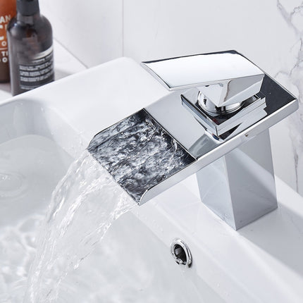 LED Three Lights Hot Cold Water Faucet Bathroom Waterfall Faucet CN Plug