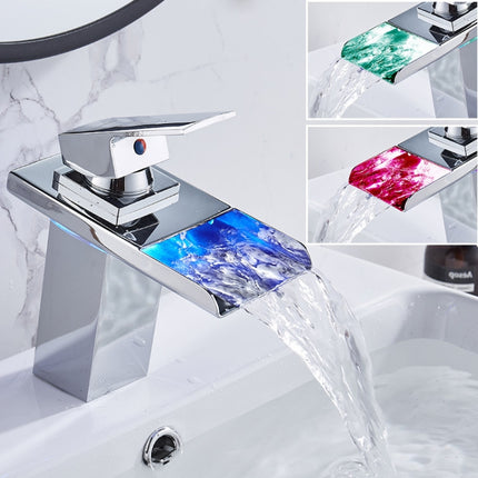 LED Three Lights Hot Cold Water Faucet Bathroom Waterfall Faucet CN Plug, Black, Electroplating Silver - DealBuddy