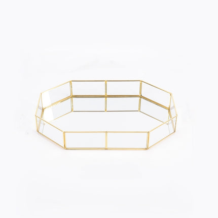 Glass Storage Tray Golden Retro Polygon Mirror Tray Brass Desktop Cosmetics Storage Tray