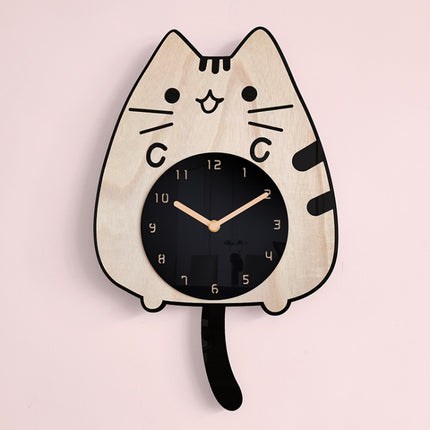 Wooden Cartoon Clocks Home Decoration Living Room Cat Wagging Tail Swinging Wall Clock