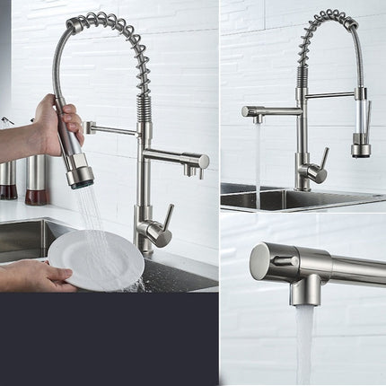 Copper And Nickel Brushed Double Outlet Spring Faucet Rotatable Kitchen Hot And Cold Water Faucet