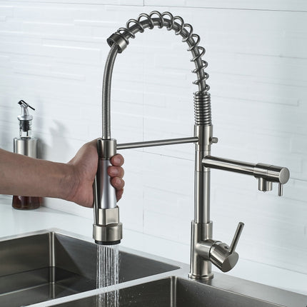 Copper And Nickel Brushed Double Outlet Spring Faucet Rotatable Kitchen Hot And Cold Water Faucet