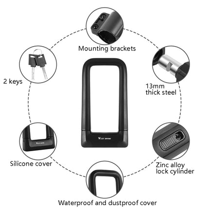 West Biking Silicone U-Shaped Lock Bicycle Lock Universal Waterproof Anti-Collision Alloy Key Lock