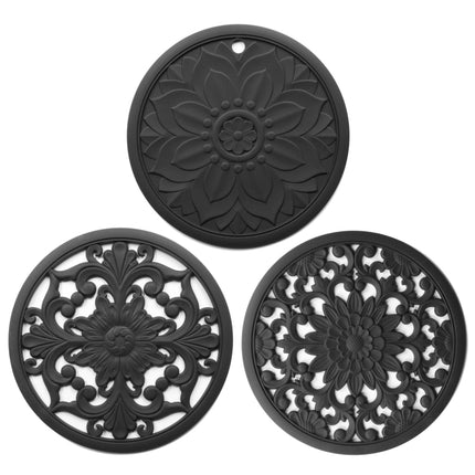 3 in 1 Hollow Flower Silicone Heat Insulation Pad Anti-Scalding Pot Bowl Pad Set, Black, Yellow, Blue, Green, Purple, Gray - DealBuddy
