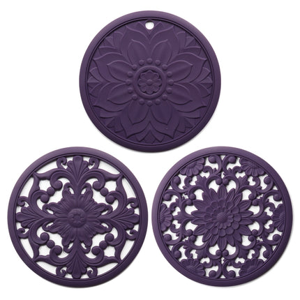 3 in 1 Hollow Flower Silicone Heat Insulation Pad Anti-Scalding Pot Bowl Pad Set, Black, Yellow, Blue, Green, Purple, Gray - DealBuddy