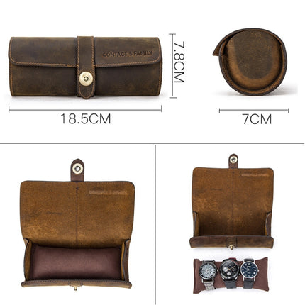 CONTACTS FAMILY CF1117  Retro Crazy Horse Texture Leather Watch Box Round Buckle Storage Box,Capacity: Can Hold 3 Watches