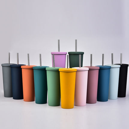700ml Large Capacity Double Stainless Steel Straw Cup Vacuum Outdoor 304 Insulation Cup Car Water Cup, Khaki, Cinnabar Orange, Lilac Purple, Pink, Glazed Green, Moss Green, Dark Gray, Indigo, Ink Black, Gray Green, Light Pink, Green White, Lake Blue - DealBuddy