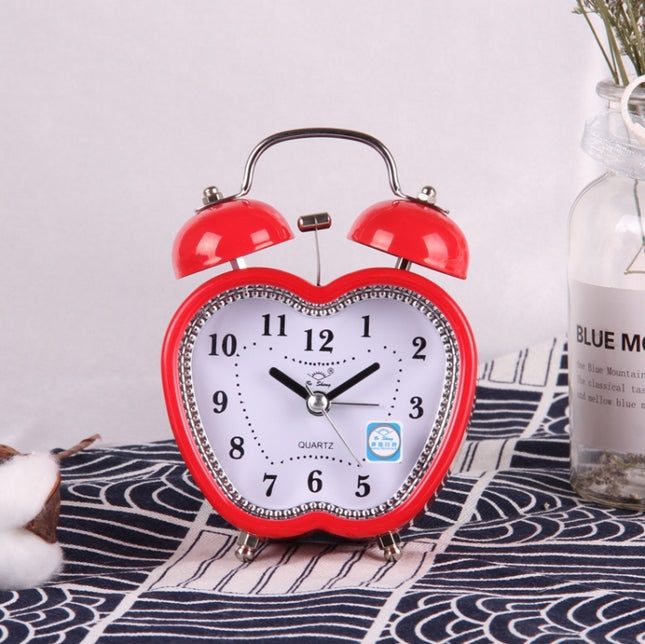 Children Cartoon Apple-Shaped Bedside Mute Desk Clock Metal Bell Digital Alarm Clock