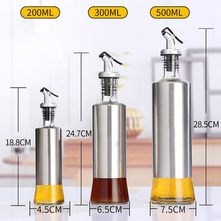 Stainless Steel Glass Oil Bottle Kitchen Pressed Seasoning Bottle, 200ml, 300ml, 500ml - DealBuddy