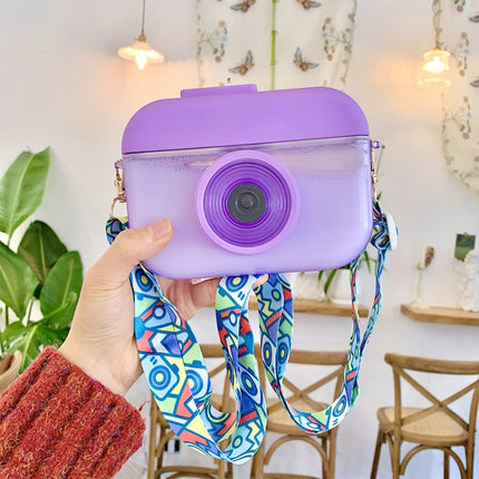 Camera Plastic Cup Children Straw Juice Cup Travel Leisure Water Cup, Pink, Blue, Purple, Yellow - DealBuddy
