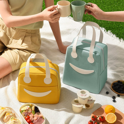 Smile Lunch Bag with Leather Handles, Size: S (Green), S (Green), S (Pink), S (Gray), S (Navy Blue), S (Yellow), L (Green), L (Pink), L (Gray), L (Navy Blue), L (Yellow) - DealBuddy
