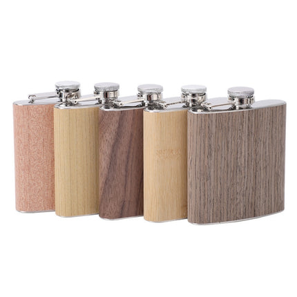 6oz Wood Leather Hip Flask Stainless Steel Whiskey Wine Alcohol Flagon, Style 1, Style 2, Style 3, Style 4, Style 5 - DealBuddy