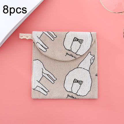 8pcs Cotton and Linen Sanitary Napkin Storage Bag Handy Clutch Bag, Turtle, Black -bottomed White Tree, Gray Camel, Lucky Cat, Leaves, Blue Cat