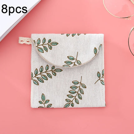 8pcs Cotton and Linen Sanitary Napkin Storage Bag Handy Clutch Bag, Turtle, Black -bottomed White Tree, Gray Camel, Lucky Cat, Leaves, Blue Cat