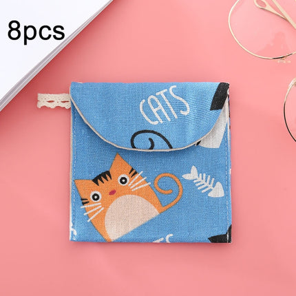8pcs Cotton and Linen Sanitary Napkin Storage Bag Handy Clutch Bag, Turtle, Black -bottomed White Tree, Gray Camel, Lucky Cat, Leaves, Blue Cat