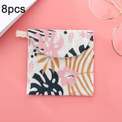 8pcs Cotton and Linen Sanitary Napkin Storage Bag Handy Clutch Bag, Turtle, Black -bottomed White Tree, Gray Camel, Lucky Cat, Leaves, Blue Cat