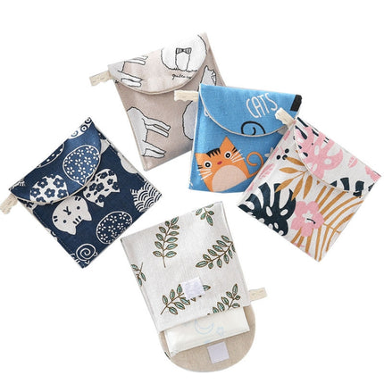 8pcs Cotton and Linen Sanitary Napkin Storage Bag Handy Clutch Bag, Turtle, Black -bottomed White Tree, Gray Camel, Lucky Cat, Leaves, Blue Cat