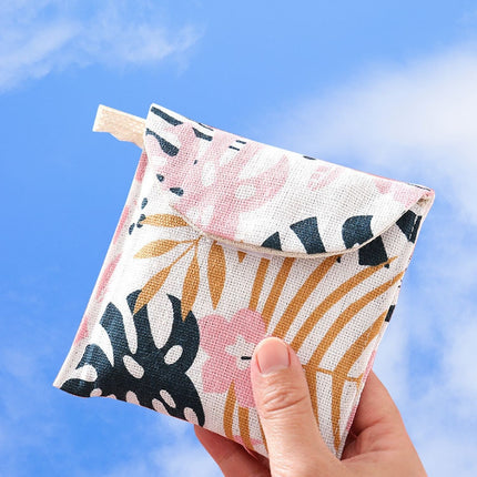 8pcs Cotton and Linen Sanitary Napkin Storage Bag Handy Clutch Bag, Turtle, Black -bottomed White Tree, Gray Camel, Lucky Cat, Leaves, Blue Cat