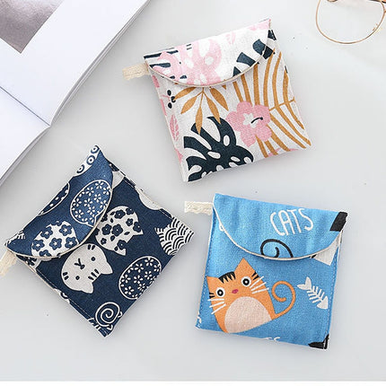8pcs Cotton and Linen Sanitary Napkin Storage Bag Handy Clutch Bag, Turtle, Black -bottomed White Tree, Gray Camel, Lucky Cat, Leaves, Blue Cat