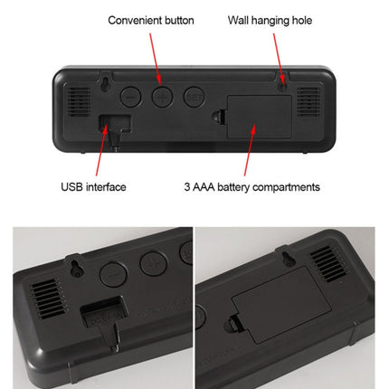 671  Mirror Screen Digital LED Alarm Clock USB Plug-in/Battery Dual-use With Temperature/Humidity Display