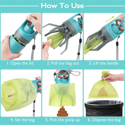 Six-claw Dog Pooper Scooper With Built-in Poop Bag Dispenser, Blue Gray - DealBuddy