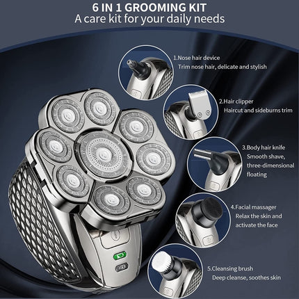 9 Knife Head Multifunctional USB Shaver Full Body Water Washing Shaver Men Hair Bald, 6 In 1 - DealBuddy