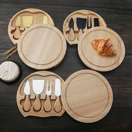 4pcs /Set Round Oak Box Cheese Knife Spatula Stainless Steel Cheese Tools Cutlery