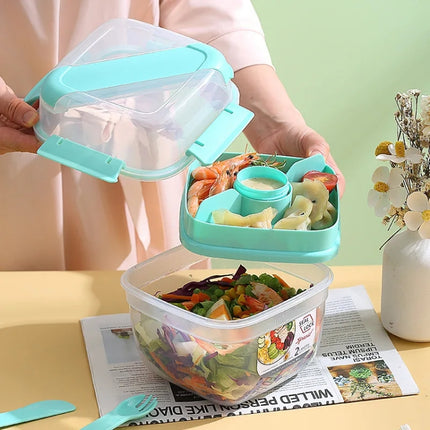 Microwaveable Double Layer Salad Container Picnic Lunch Box with Fork Spoon, White/Small - DealBuddy