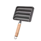 Cast Iron Grill Pan 4-Grid Non-Stick Sausage Grill Pan With Wood Handle
