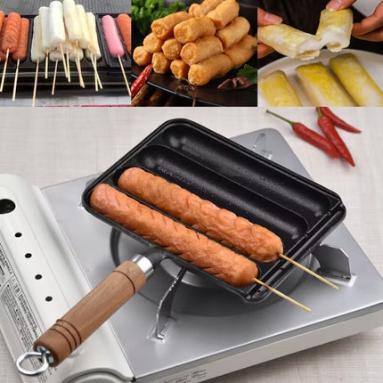 Cast Iron Grill Pan 4-Grid Non-Stick Sausage Grill Pan With Wood Handle