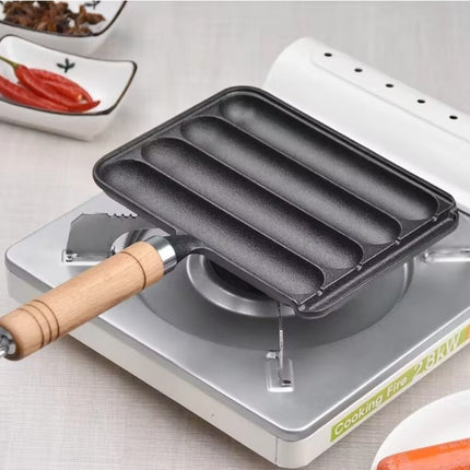 Cast Iron Grill Pan 4-Grid Non-Stick Sausage Grill Pan With Wood Handle