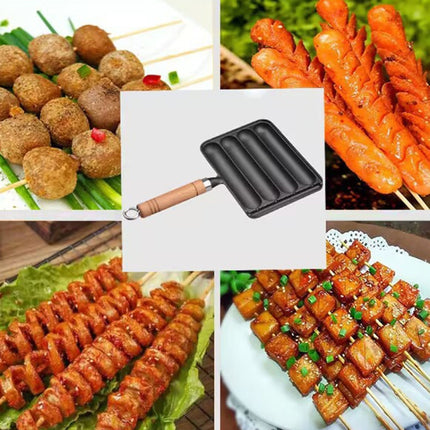 Cast Iron Grill Pan 4-Grid Non-Stick Sausage Grill Pan With Wood Handle