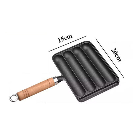Cast Iron Grill Pan 4-Grid Non-Stick Sausage Grill Pan With Wood Handle