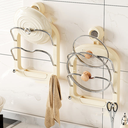 Wall Mount Pot Lids Holder No Punching Suction Cup Double Layer Storage Rack, Cream Color, Milk Tea Brown, Ivory White - DealBuddy